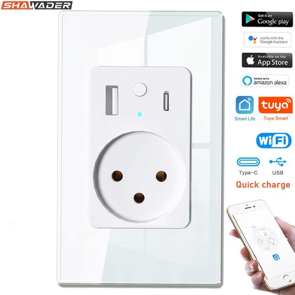 Tuya Wifi Smart Life Israel Power Wall Socket USB 48A Tipo C PD 30W para Iphone UE Enchufe Panel de vidrio por Alexa Home 240228