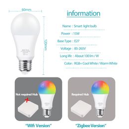 Tuya Wifi Smart Light Bulb RGB E27 Zigbee LED Bulb Smart Home Tuya Zigbee Lamp 110V 220V Alexa Smart Lamp para Google Home