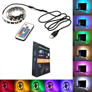 Tira de iluminación LED de fondo para TV, 30LED/m DC5V, USB SMD5050 RGB con controlador RF Mini y de 17 teclas, juego de 50cm / 1m / 2m