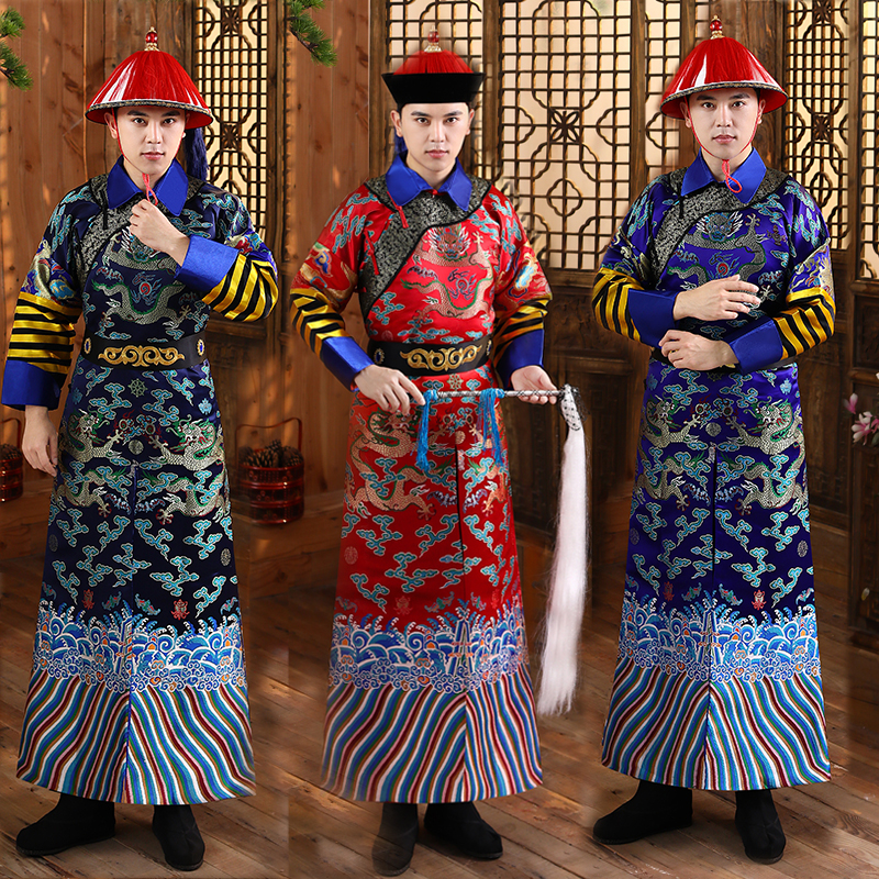 Fantas de cinema de cinema de TV Wear Qing Dinastia para homens Oficiais vintage Eunuco Cosplay Aparel antigo vestido de dragão bordado
