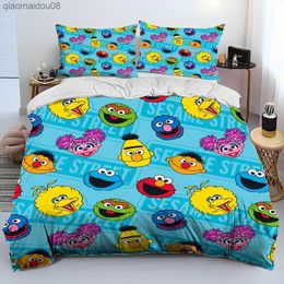Juego de cama con edredón de dibujos animados bonitos de TV Sesame Street, juego de cama con funda de edredón, funda de edredón, juego de cama de tamaño King y Queen para niños L230704