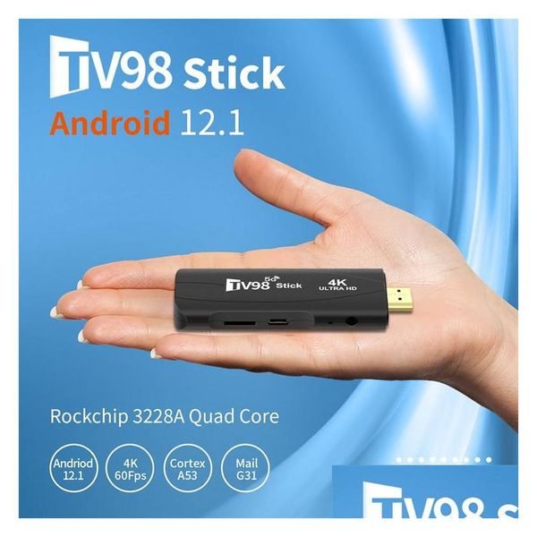 TV Stick Tv98 4K Smart 2.4G 5G Wifi Android Box 12.1 Rockchip 3228A HDR Set Top OS HD 3D Lecteur multimédia portable Drop Delivery Electro Dhytj
