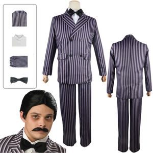Tv mercredi Addams Cosplay Gomez Addams Costume de Cosplay Costume rayé Double boutonnage ensemble complet Costumes de fête d'Halloween pour Mencosplay
