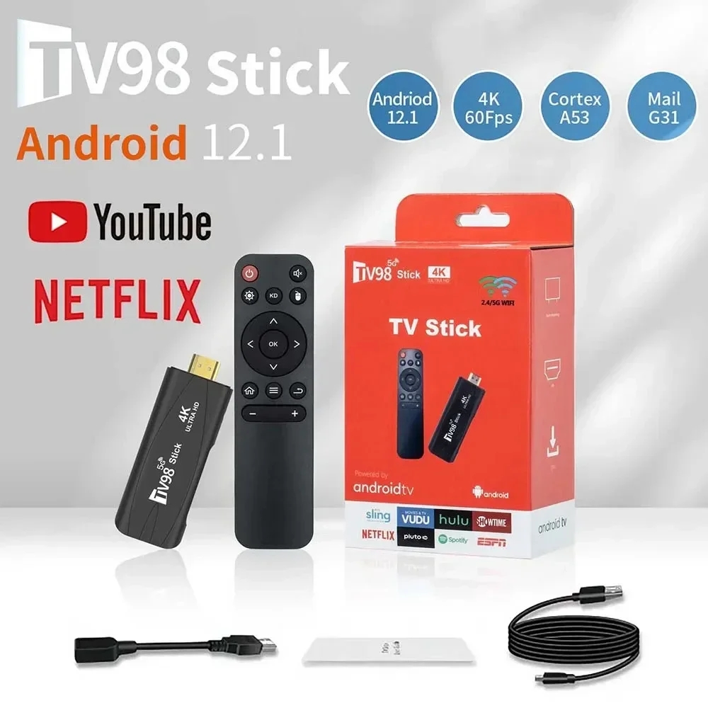 TV98 MINI TV Stick Android 12.1 4K HD 2G 16G TV Box 2.4G 5G Double WiFi Smart TV Box H.265 Media Player TV Receiver Set Top Box
