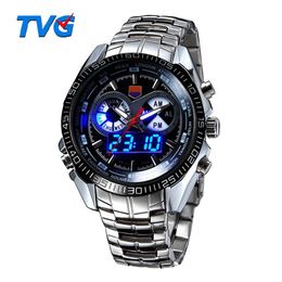 TVG Luxe heren sport horloges Fashion Clock roestvrijstalen horloge LED Digtal Watches Men 30AM Waterdichte polshorloge Relogio177W