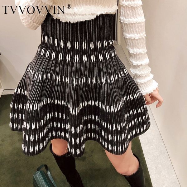 TVVOVVIN nouvelle mode femmes jupe taille haute plissée a-ligne rayé à pois Mini longueur demi-corps jupe JEQU 210309