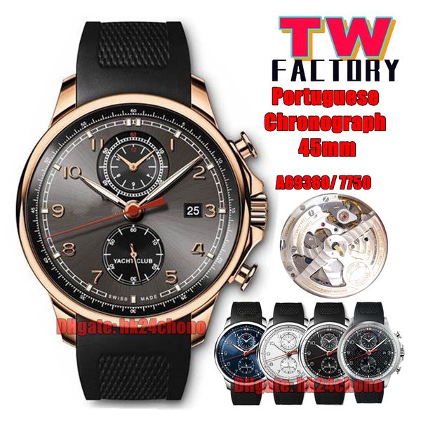 Tw Relojes de fábrica 45 mm de oro rosa 390209 Portugués Chronographe Automático A89360 / 7750 Mensor para hombre Strap de goma de goma Gendmos de pulsera