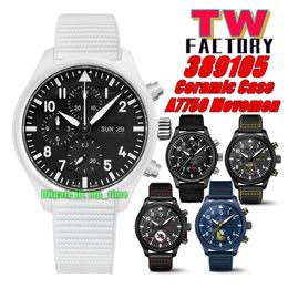 TW Factory Watches TWF 44,5 mm "Lake Tahoe" Céramique blanche 389105 Pilot Chronographe Automatique A7750 Mouvement Montre pour homme Cadran noir Bracelet en caoutchouc Montres-bracelets pour hommes