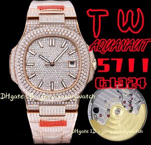 TW pp 5711 Nautilus Luxury Men's Watch 324 Mouvement mécanique Full Sky Star Set Square Diamond 40 mm, stockage de puissance 40 heures 316L Calendrier de plongée en acier inoxydable Six