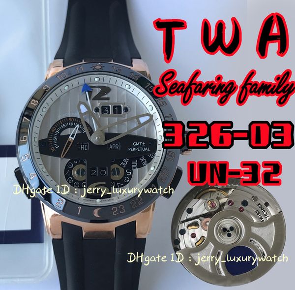 TWA 326-03 Black Toro Calendario perpetuo Reloj de lujo para hombre UN-32 Movimiento automático de cierre de cadena, acero 316L/borde de cerámica/botón/corona, cristal de zafiro, 43 mm, tres