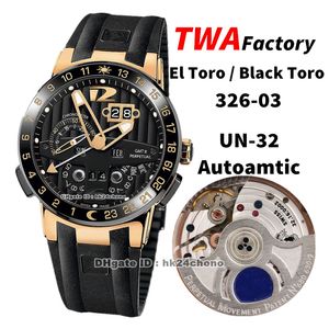 TWA Factory Watches 326-03 El Toro / Black Toro GMTﾱ Calendrier perpétuel Or rose UN-32 Autoamtic Montre pour homme Lunette en céramique Cadran noir Bracelet en caoutchouc Montres-bracelets pour hommes