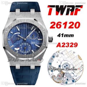 TWAF 41mm 26120 Dual Time Power Reserve A2329 Automatische Herenhorloge Staal Case Blue Texture Dial Stick Markers Lederen Band Super Edition Horloges Puretime C03