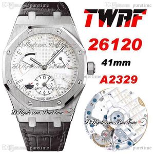 TWAF 41mm 26120 Dual Time Power Reserve A2329 Automatische Herenhorloge Staal Case Zilveren Textuur Dial Stick Markers Lederen Strap Super Edition Horloges Puretime B02