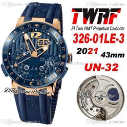 TWAF Executive El Toro UN-32 Reloj automático para hombre GMT Calendario perpetuo Oro rosa Esfera azul con textura Correa de caucho 326-01LE-3 Super Edition Relojes 2021 Puretime D4