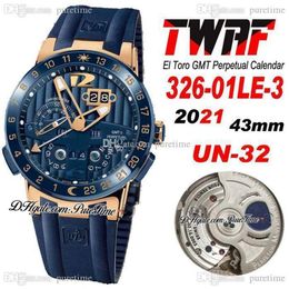 TWAF Executive El Toro UN-32 automatisch herenhorloge GMT eeuwigdurende kalender roségoud blauwe rubberen band met textuur 326-01LE-3 Supe289j