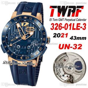 TWAF Executive El Toro UN-32 Montre automatique pour homme GMT Calendrier perpétuel Or rose Cadran bleu texturé Bracelet en caoutchouc 326-01LE-3 Montres Super Edition 2021 Puretime D4