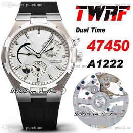 TWAF Overseas Dual Time 47450 A1222 Automatische Mens Horloge Staal Case Power Reserve Silver Dial Stick Black Rubbbor Strap Super Edition Horloges Puretime F6