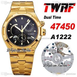 TWAF Overseas Dual Time 47450 A1222 Automatische Mens Horloge 18 K Geel Goud Power Reserve Black Dial Stick Rvs Bracelet Super Edition Horloges Puretime E5