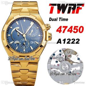TWAF Overseas Dual Time 47450 A1222 Automatische Herenhorloge 18K Geel Goud Power Reserve Blue Dial Stick Stainless Steel Armband Super Edition Horloges Puretime F6