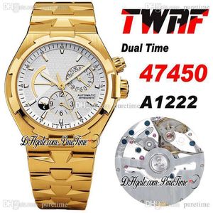 TWAF Overseas Dual Time 47450 A1222 Montre automatique pour homme en or jaune 18 carats avec réserve de marche Cadran argenté Bracelet en acier inoxydable Super Edition Montres Puretime D4