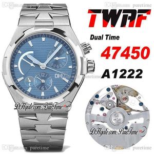 TWAF Overseas Dual Time 47450 A1222 Automatische Mens Watch Power Reserve Blue Texture Dial Stick Markers Roestvrijstalen Armband Super Edition Horloges Puretime B2