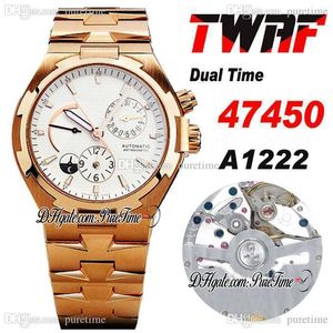 TWAF Overseas Dual Time 47450 A1222 Automatische Mens Horloge 18 K Rose Gold Power Reserve Silver Dial Stick Stainless Steel Armband Super Edition Horloges Puretime G7