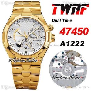 TWAF Overzeese Dual Time 47450 A1222 Automatische heren Watch 18K Geel Gold Reserve Silver Resion Stick Stainless Steel Bracelet 8152020
