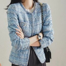 Tweed jas lente herfst dames klassieke dames runway geruite blauwe losse jas Oneck 240226
