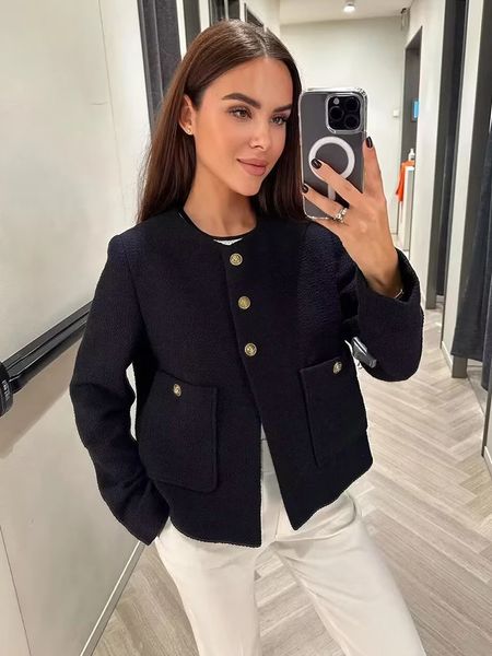 Tweed Femmes Elegant Jacket Automne Fashion Ladies Smart O Vestes Neck Vintage Femme Chic Tenues Girls Mignon des sorts d'extérieur 240423