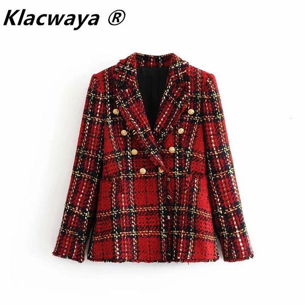 Tweed femmes rouge plaid blazers hiver mode vintage vestes femme patchwork blazer manteaux filles chic tenue vêtements 240226