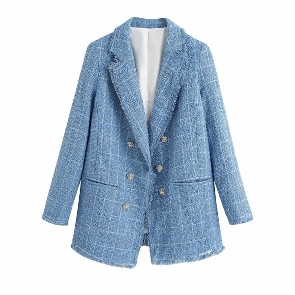 Tweed femmes vintage bleu blazers mode dames élégant épais blazer vestes décontracté femme lâche costume filles chic veste 201201