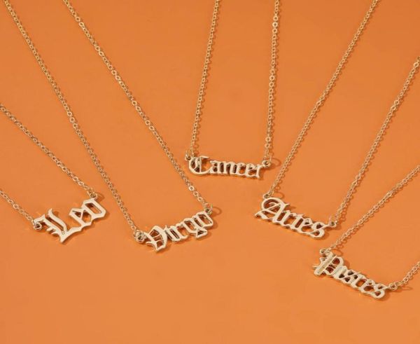 Collar con colgante de doce constelaciones para mujeres y hombres, collares con signos del zodiaco, letra inglesa antigua, cadena de acero inoxidable de Color dorado 9026533