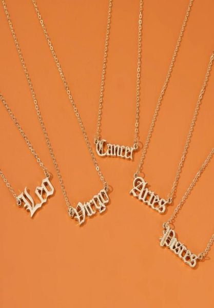 Collier pendentif douze Constellations pour femmes hommes signe du zodiaque colliers vieille lettre anglaise couleur or chaîne en acier inoxydable 3526361