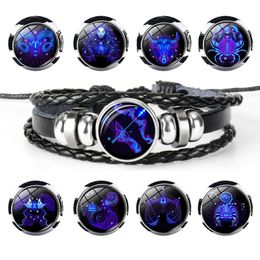 Twaalf sterrenbeelden Sterrenhemel Armband Handgemaakte Lederen Paren Armbanden Zodiac Glas bedelarmband voor kerstcadeau