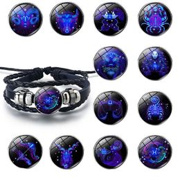 Doze constelações céu estrelado pulseira de couro artesanal casais pulseiras de vidro do zodíaco charme pulseira para presente de natal fre3435