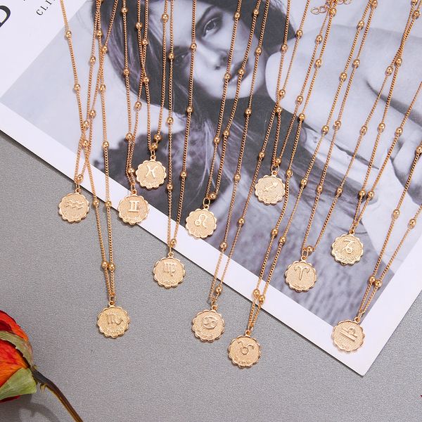 Collier avec douze pièces d'horoscope pour femmes, pendentif en or, collier du zodiaque, lion, clavicule, chaîne, signe, cadeau, 12 constellations, bijoux féminins