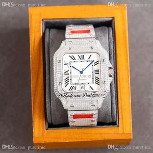 TWF 100 XL verharde gesimuleerde diamanten ETA A2824 Automatische Herenhorloge Wit wijzerplaat Zwart Romeinse markeringen Volledig bevroren Diamond Armband Super Edition Puretime Z20C3