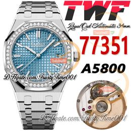 TWF 34mm 77351 A5800 Automatic Lady Watch 50th Anniversary Diamonds Centralise Blue Blue Textured Calan Bracelet Bracelet Super Edition Femmes TrustyTime001