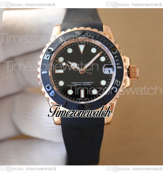 TWF 37 mm Y-M 268655 ETA2836 Montre automatique pour femme Cadran noir Boîtier en or rose Bracelet en caoutchouc Nouvelles montres pour dames Carte de garantie gratuite même série Timezonewatch