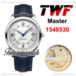 TWF 39mm Master 1548530 Automatic Mens Watch Q1548530 Silver White Dial acier boîtier en cuir bleu news sport montres sportives twom whoryzonewatch e195