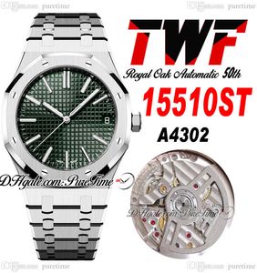 TWF 41mm 1551 A4302 Automatique Mens Watch 50th Anniversary Green Textured Dial Stick Markers Bracelet en acier inoxydable montre Super Edition Puretime D4