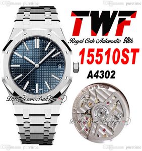 TWF 41 mm 1551 A4302 Reloj automático para hombre 50 aniversario Azul Texturizado Dial Stick Marcadores Pulsera de acero inoxidable Relojes Super Edition Puretime C3