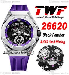 TWF 42 A2965 Reloj de cuerda manual para hombre Tourbillon Caja de acero de titanio 3D Pantera negra Dial Correa de caucho púrpura 2022 Super Edition Relojes Pureitme B2