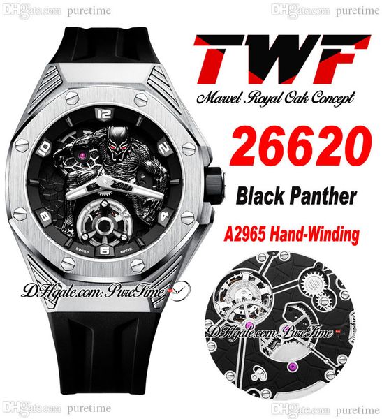 TWF 42 A2965 Montre pour homme à remontage manuel Tourbillon Boîtier en acier titane 3D Black Panther Cadran Bracelet en caoutchouc 2022 Super Edition Montres Pureitme A1