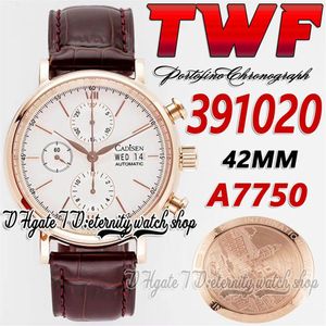 TWF 42MM herenhorloge tw391020 Cal 79320 A7750 chronograaf automatische witte wijzerplaat stick markers 18K rosé gouden kast lederen band Super2269