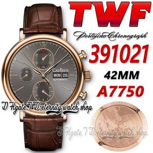 TWF 42MM herenhorloge tw391021 Cal 79320 A7750 chronograaf automatische grijze wijzerplaat Stick Markers 18K rosé gouden kast lederen band Super 318z