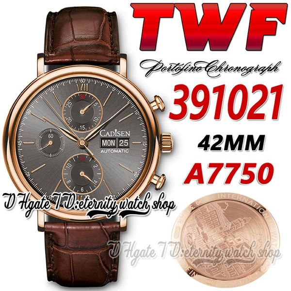 TWF 42mm pour hommes montre TW391021 CAL 79320 A7750 Chronographe Automatique Gray Dial Stick Markers 18K Rose Gold Case Cuir Strap Super Editi 298S