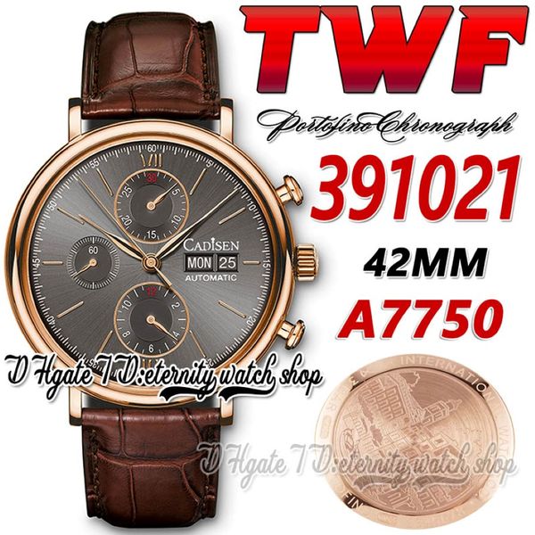 TWF 42 mm Mens montre TW391021 CAL 79320 A7750 Chronographe Automatique Gray Dial Stick Markers 18k Rose Gold Case Cuir Strap Super Editi 258X