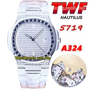 TWF 5719 PP324 A324 Automatisch herenhorloge verhard Volledig Iced Out diamanten wijzerplaat Zwart T Diamond Bezel Stick roestvrijstalen armband eeuwigheid Super Jewelry Horloges 0010G