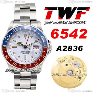 TWF 6542 Vintage GMT A2836 automatisch herenhorloge 38 mm Pepsi Bezel witte stick wijzerplaat rode kalender Oystersteel roestvrij staal Bracele256L